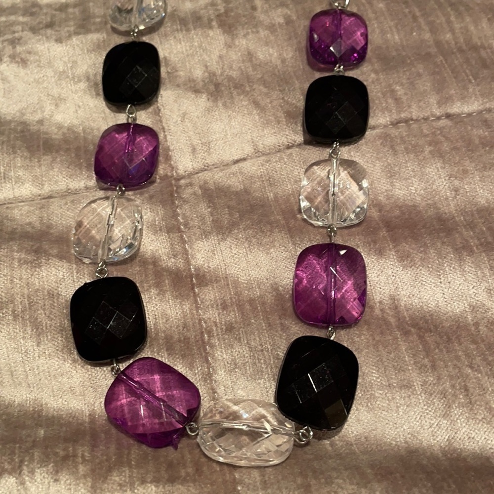 Purple, Black & Clear Abstract Necklace 22”